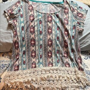 Maurices Multicolor Patterned Blouse with Lace Hem